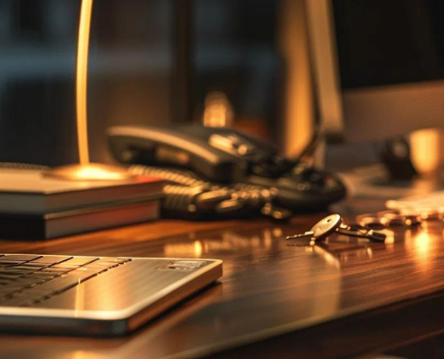 a sleek, modern master key system displayed prominently on a polished, wooden desk, illuminated by soft, warm lighting that highlights its intricate design and functionality.